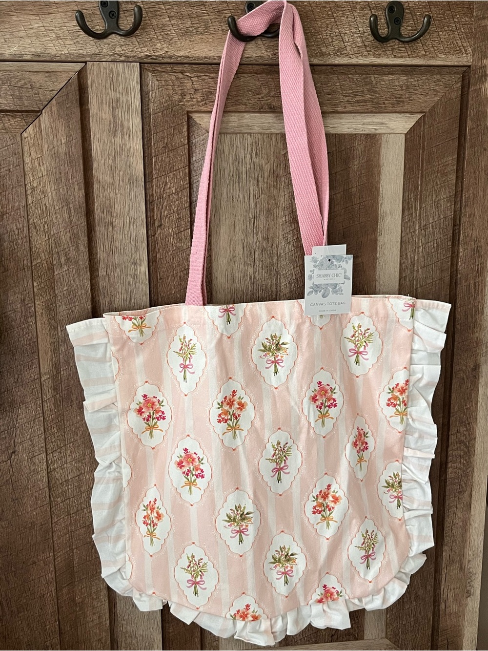 Shabby Chic Pink Floral Ruffle Canvas Tote